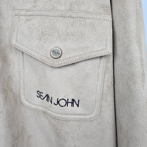 Vintage Sean John Bomber Jacket Men’s M Beige Faux Suede Logo Patch Y2K - Picture 2 of 8